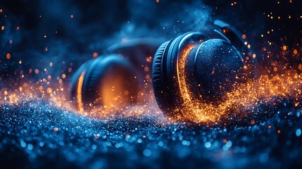 Headphones Enveloped in a Blaze of Glittering, Energetic Sparks