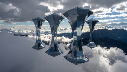 Sculptures Above Clouds Reflecting Mountain Scenery