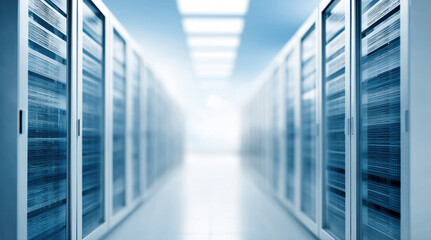 Modern datacenter server room corridor with blue lighting and computer infrastructure. Technology hosting facility with network equipment rows. Digital cloud computing and data storage environment.