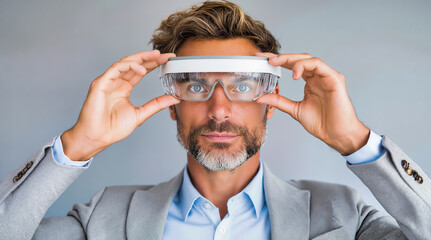 Professional businessman wearing vr headset in corporate environment. Executive using virtual reality technology for business innovation, digital training and futuristic workplace solutions.