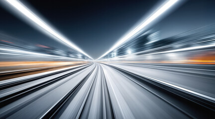 Speed motion blur tunnel with light trails and streaks. Abstract transportation concept featuring dynamic movement through futuristic corridor. Fast velocity visualization with perspective lines