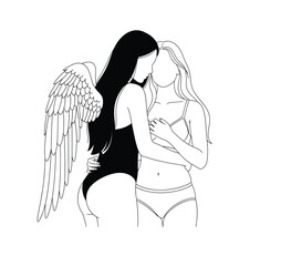 Two Girl with Angel Wing Minimalist Line Art