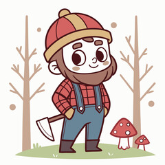 Charming Cartoon Lumberjack Character Standing in a Forest with Mushrooms and Bare Trees