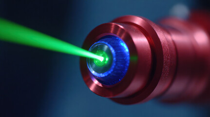 Red metal laser device emitting bright green beam. Precision optical instrument with focused light radiation. Scientific equipment for industrial, medical, research applications and measurements.
