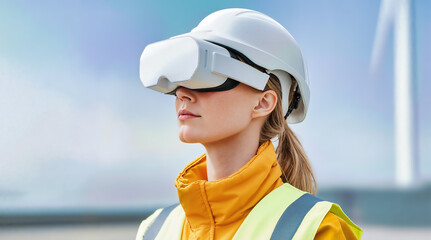 Female worker wearing white vr headset and safety vest, virtual reality technology in industrial setting, augmented training, modern digital innovation, professional immersive experience, futuristic