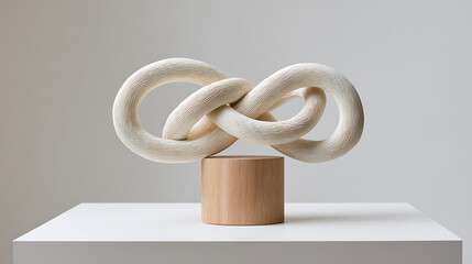 Off White Cream Sculptural Abstract Form Intertwined Loops Creamy Textured Organic Lines Wooden Base Studio Setting