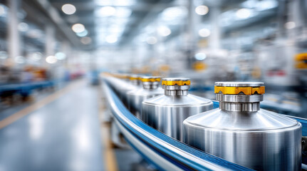 Stainless steel industrial tanks on conveyor system in modern manufacturing facility. Food grade processing equipment for brewery, pharmaceutical, chemical production operations.