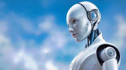 White humanoid robot android with artificial intelligence against blue sky. Futuristic cyborg technology, advanced ai automation, synthetic human like machine design concept.