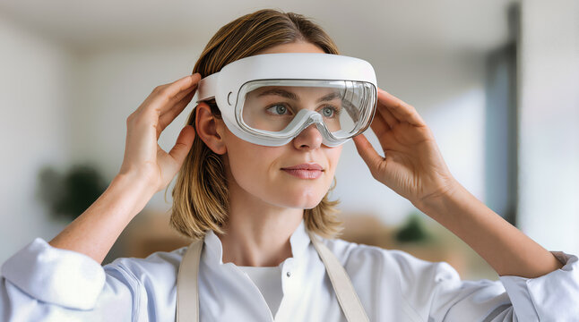 Woman adjusting white virtual reality headset goggles. Modern vr technology device for digital simulation, gaming, medical training, therapy. Futuristic wearable computing equipment in professional