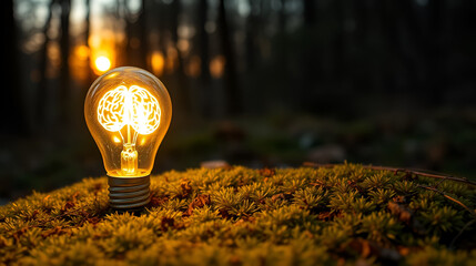 Glowing light bulb with a filament resembling a brain, on a mossy forest ground at sunset