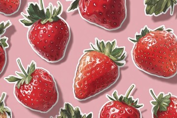 Juicy, ripe red strawberries with green tops create a repeating pattern against a soft pink backdrop, capturing the essence of freshness and summer