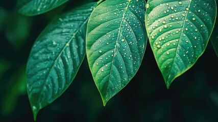 Close-up of a green leaf covered in rain drops, capturing the details and vibrancy of nature after a rainfall.
