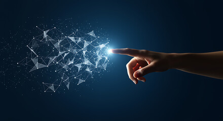 Human hand touching a glowing digital network, symbolizing the future of technology, innovation, and global connection.