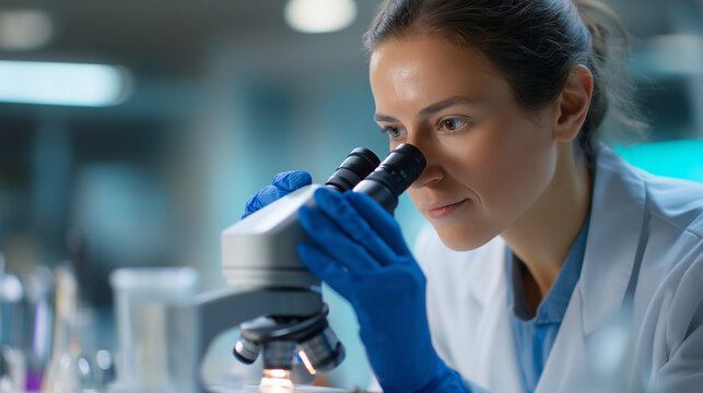 Female biochemist in laboratory examining microscope results