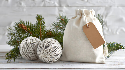 Rustic Christmas Gift Scene Featuring Off White Cotton Drawstring Bag Beige Tag Two Balls of Natural Light Gray Yarn and Fresh Pine Branches
