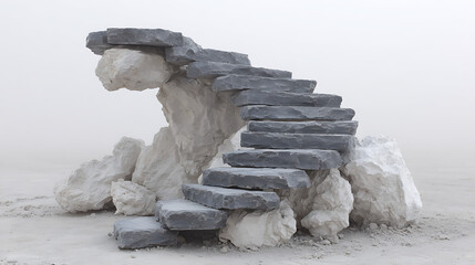 Surreal Stone Staircase Sculpture Grey and White Rocks Abstract Art Minimalist Installation Foggy Setting