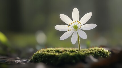 Delicate White Flower Growing on Green Moss in Soft Natural Light