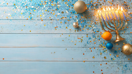 Top Down View of Lit Menorah on Light Blue Wooden Background with Glitter and Ornaments Hanukkah Celebration