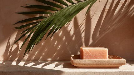 Tranquil Spa Setting featuring a Pale Peach Soap Bar on a Light Beige Stone Dish with a Lush Green Palm Leaf Casting Shadows on a Neutral