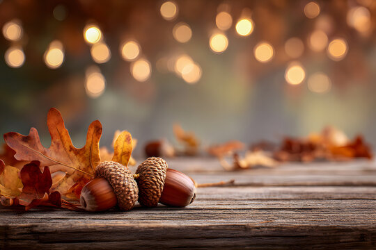 Warm autumn acorns and oak leaves rest on rustic wood with festive bokeh lights