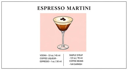 Elegant Espresso Martini Cocktail Recipe Illustration with Vodka Coffee Liqueur and Simple Syrup
