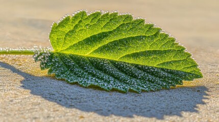Dewy green leaf with intricate texture illuminated by soft sunlight