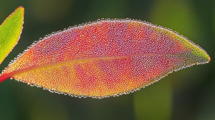 Dewy Leaf with Colorful Hues Captured in Natural Light