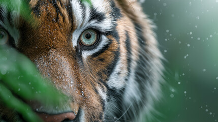 Close-up of Bengal tiger's eye peering through misty jungle foliage in the rain