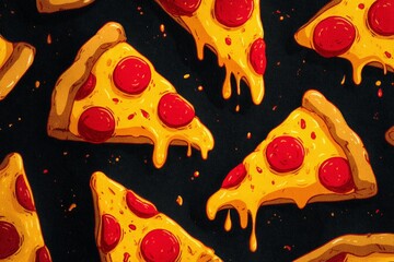 Pattern of appetizing pizza slices with dripping cheese creates a visually appealing design, ideal for food-related projects