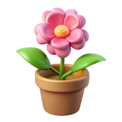 3d pink flower in terracotta pot isolated on transparent background