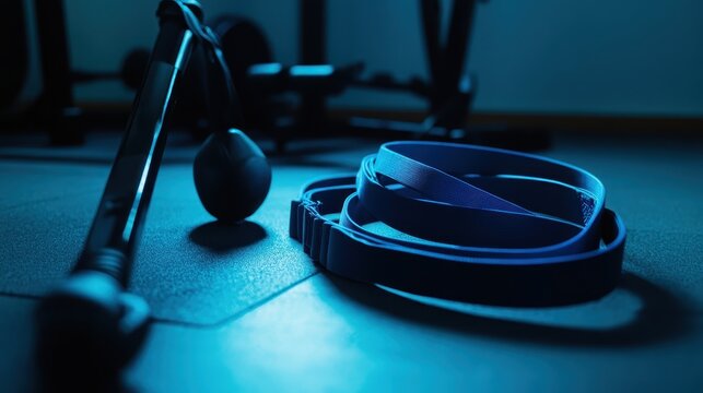 Fitness Equipment in Gym Environment with Blue Lighting Effects