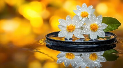 Dewy White Flowers Floating on Water with Beautiful Autumn Bokeh