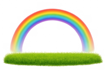 Vibrant rainbow arching over patch of lush green grass with transparent background