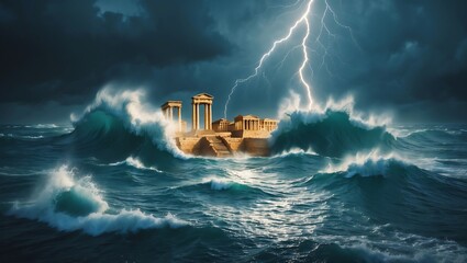 Ancient temple structure battered by massive waves during a violent thunderstorm with lightning strikes