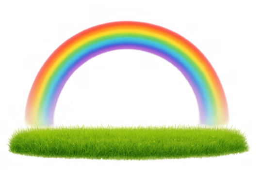 Vibrant rainbow arching over patch of lush green grass with transparent background
