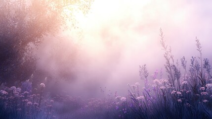 Dreamy Misty Landscape with Delicate Flowers in Soft Light