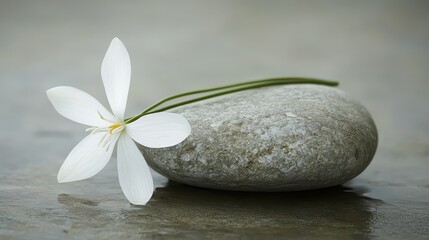 Fototapeta premium Elegant White Flower on Smooth Gray Stone Against Tranquil Background