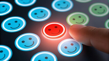 Human finger touching glowing red smiley face image