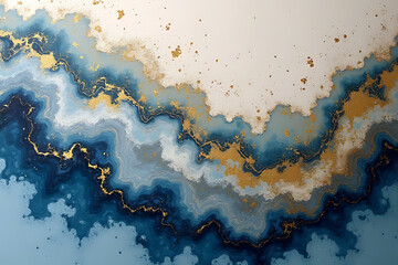 Abstract watercolor painting with flowing blue and gold patterns on a white background with gold flecks and wavy shapes