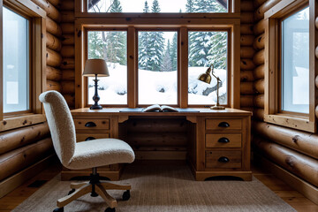 Cozy home office setup with a wooden desk inside a rustic log cabin, offering an inspiring view of a snowy winter landscape, perfect for remote work in nature