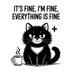 Grumpy black cat with coffee and text vector