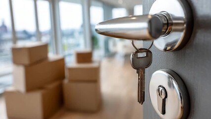 Key in door lock with moving boxes in background, representing new beginnings and transitions