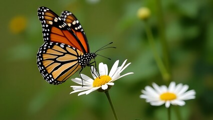 Fototapeta premium Vibrant monarch butterfly with intricate wing patterns perched on a delicate white daisy flower