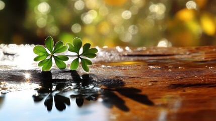 Fresh Green Leaves on Wood with Water Reflection and Bokeh Effect
