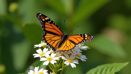 Fototapeta premium Vibrant monarch butterfly with orange and black wings alights gently on a cluster of delicate white wildflowers
