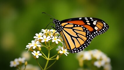 Fototapeta premium A majestic monarch butterfly with intricate orange and black wings alights gently upon delicate white wildflowers