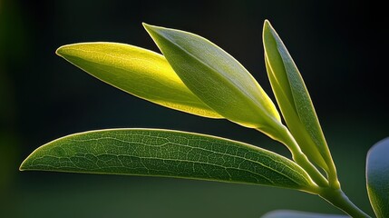 Fresh Green Leaves with Delicate Buds Glowing in Soft Light