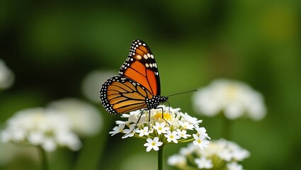 Obraz premium Vibrant monarch butterfly rests gracefully upon a delicate cluster of white wildflowers in a lush green garden