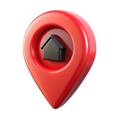 3d red location pin with house icon isolated on transparent background