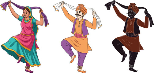 Find vibrant bhangra dancers illustration for cultural events and festive celebrations design editable